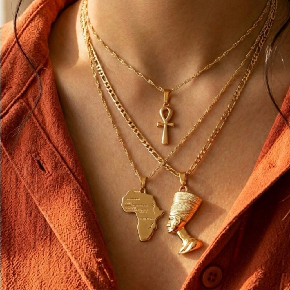 Gold Layered Ankh & African and Nefertiti Pendant Necklace Set